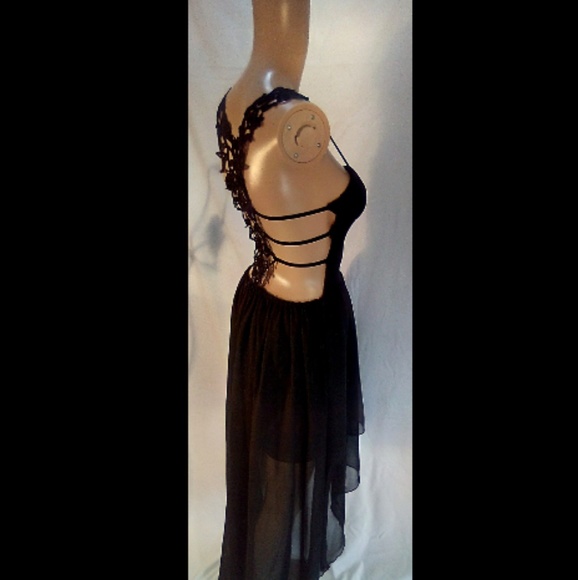 Hi-Lo Chiffon Dress W/ Open Back Lace Detail - Picture 4 of 5